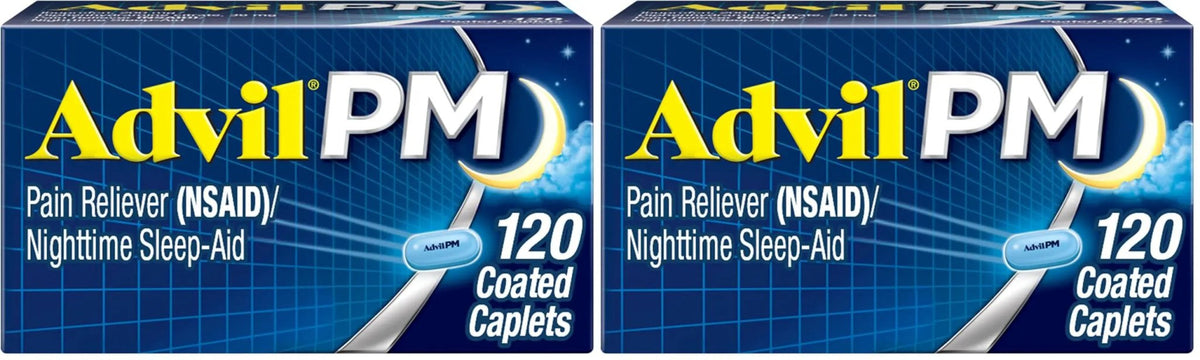 Advil PM Pain Reliever and Nighttime Sleep Aid, Pain Medicine with Ibuprofen for Pain Relief and Diphenhydramine Citrate for A Sleep Aid - 120 Coated Caplets (Pack of 2) - Maple Wellness Supplements