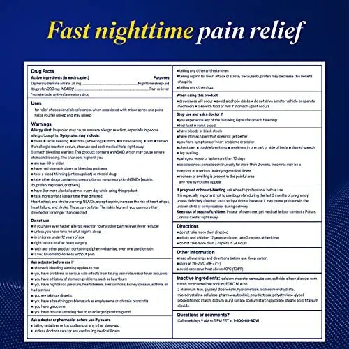 Advil PM Pain Reliever and Nighttime Sleep Aid, Pain Medicine with Ibuprofen for Pain Relief and Diphenhydramine Citrate for A Sleep Aid - 120 Coated Caplets (Pack of 2) - Maple Wellness Supplements