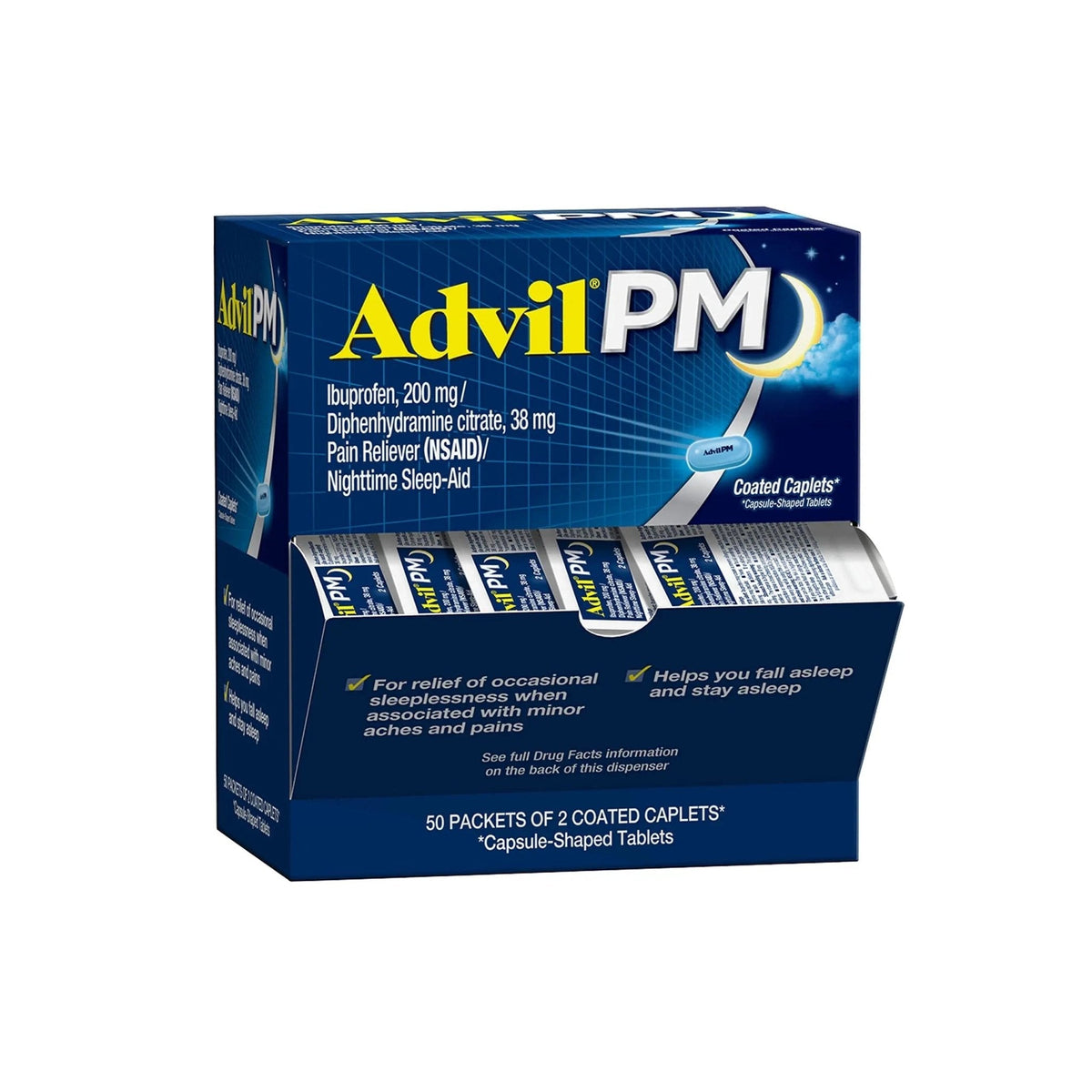 Advil PM Pain Reliever and Nighttime Sleep Aid, Pain Medicine with Ibuprofen for Pain Relief and Diphenhydramine Citrate for a Sleep Aid - 50x2 Coated Caplets - Maple Wellness Supplements
