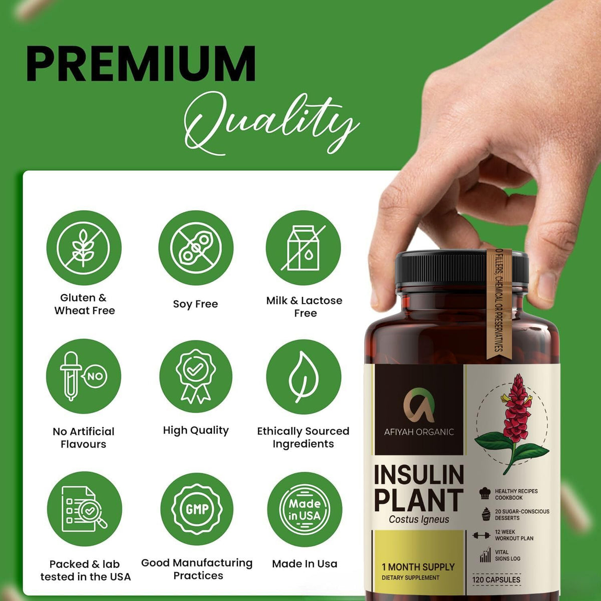 Afiyah Organic - Premium Quality Costus Igneus (Insulin Plant) Capsules - Easy to Swallow 120 Veggie Capsules (1 Month Supply) - Made in the USA - Including Complete Health Support Program - Maple Wellness Supplements