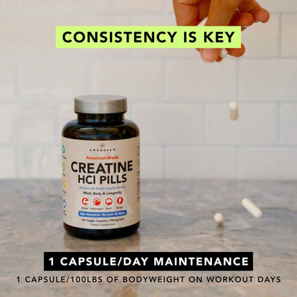 AMANDEAN Creatine HCl Pills. American Made CON-CRET. 120 Capsules. 7X Concentrated. No Bloat. Muscle, Energy, Cognitive, Recovery Support for Men & Women. Gluten Free, Non-GMO. - Maple Wellness Supplements