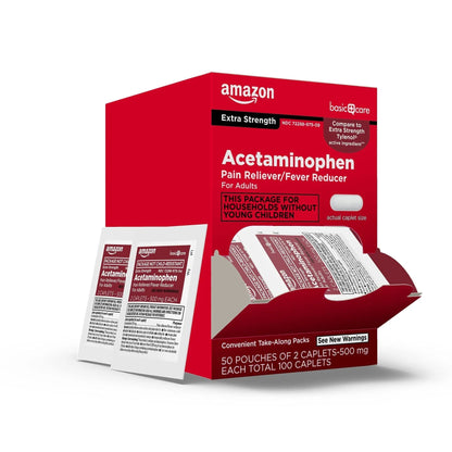 Amazon Basic Care Extra Strength Acetaminophen Caplets 500 mg, Pain Reliever and Fever Reducer, Gentle on Stomach, For Arthritis Pain, Backache Pain and More, 50 Packets of 2 Capsules Each, 100 Count - Maple Wellness Supplements
