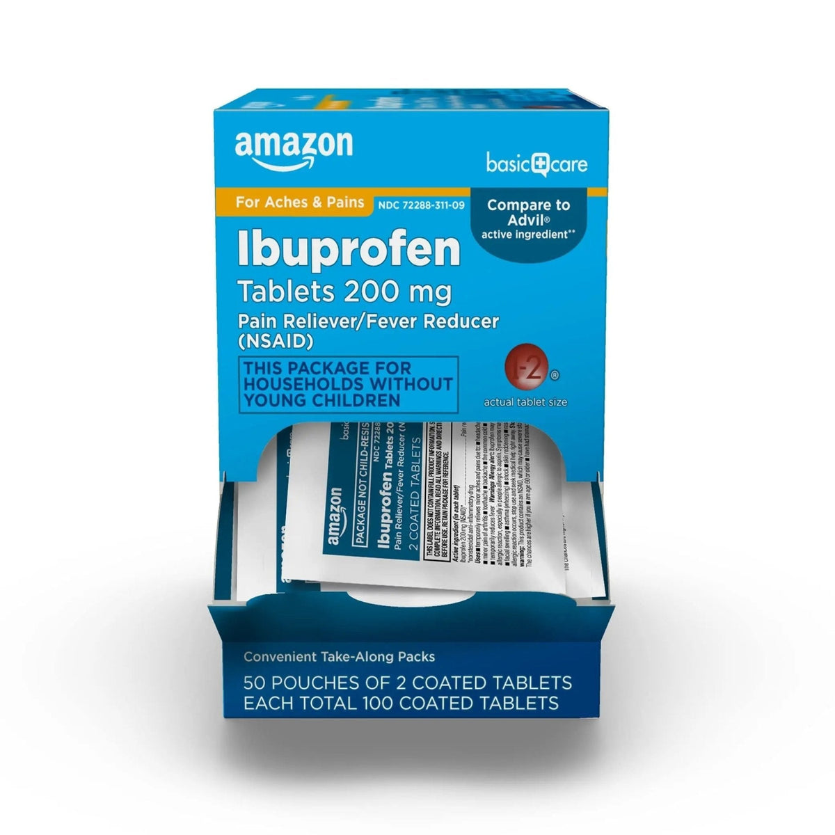 Amazon Basic Care Ibuprofen Tablets, 200 mg, Pain Reliever and Fever Reducer, For Headache, Muscular Aches, Arthritis, Backache, Menstrual Pain, 100 Count (Pack of 1) - Maple Wellness Supplements