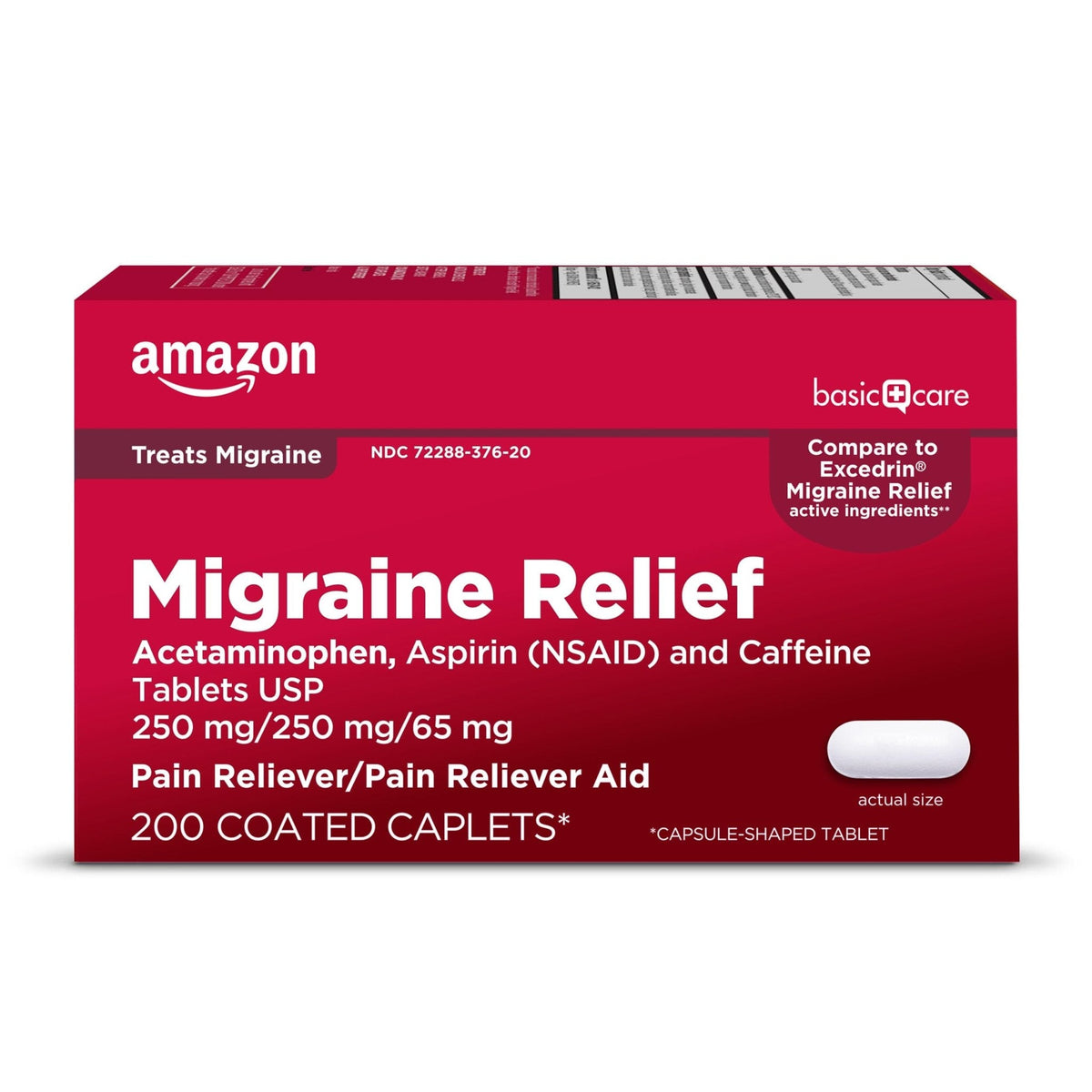 Amazon Basic Care Migraine Relief Acetaminophen, Aspirin (NSAID) and Caffeine Tablets, Pain Reliever/Pain Reliever Aid, 200 Count - Maple Wellness Supplements
