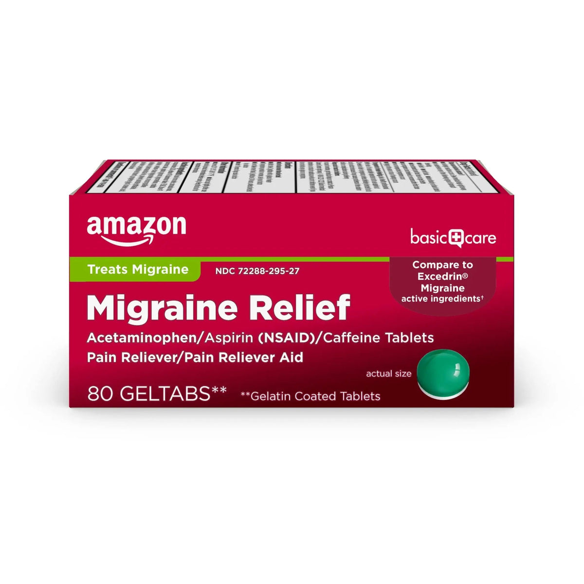 Amazon Basic Care Migraine Relief Geltabs, Pain Reliever, Acetaminophen 250 mg, Aspirin 250 mg (NSAID) and Caffeine 65 mg, Headache Relief, 80 Count - Maple Wellness Supplements
