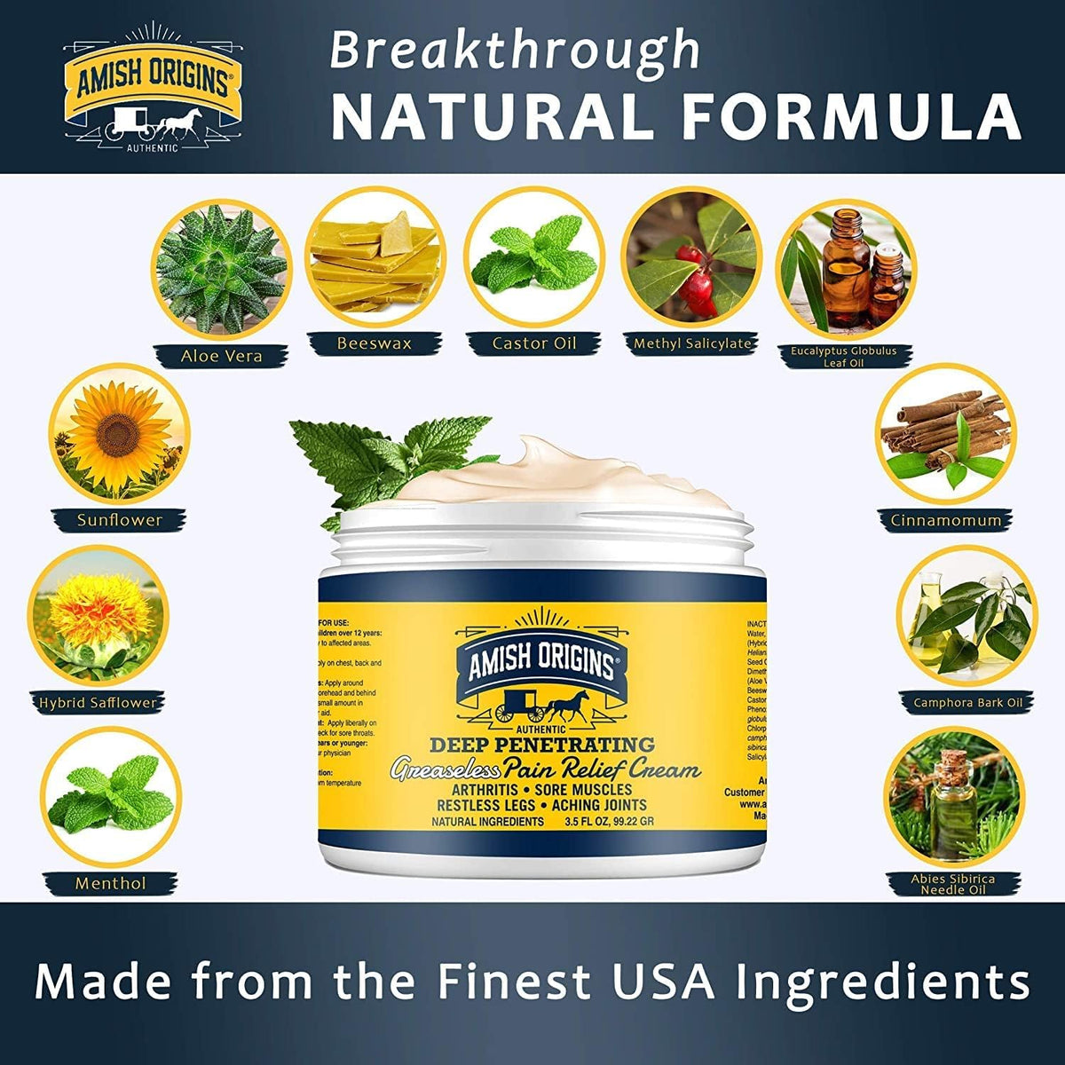 Amish Origins Arthritis Pain Relief Cream - 3.5 oz - Maximum Strength Deep Penetrating for Joint, Muscle, Knee, Back, Feet, Hand, Ankle, Aches, 1 Pack - Maple Wellness Supplements