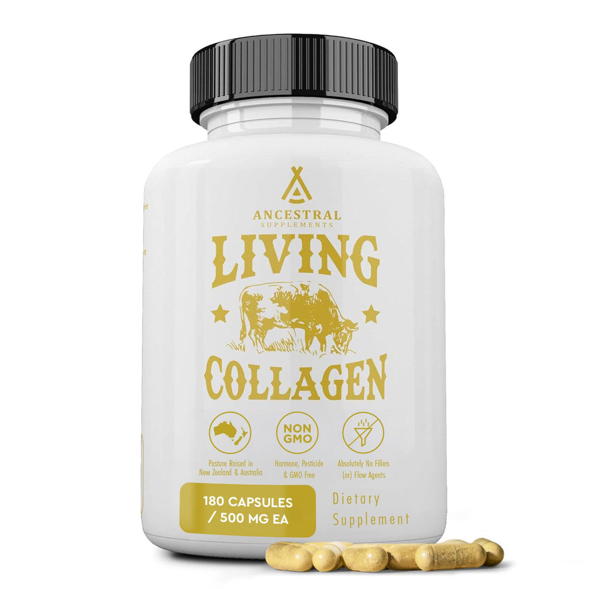 Ancestral Supplements Grass Fed Beef Living Collagen Nutritional Powder Supplement, 3000mg, Promotes Healthier, Younger Looking Skin, Hair, Nails and Joints, Type II, 180 Capsules - Maple Wellness Supplements