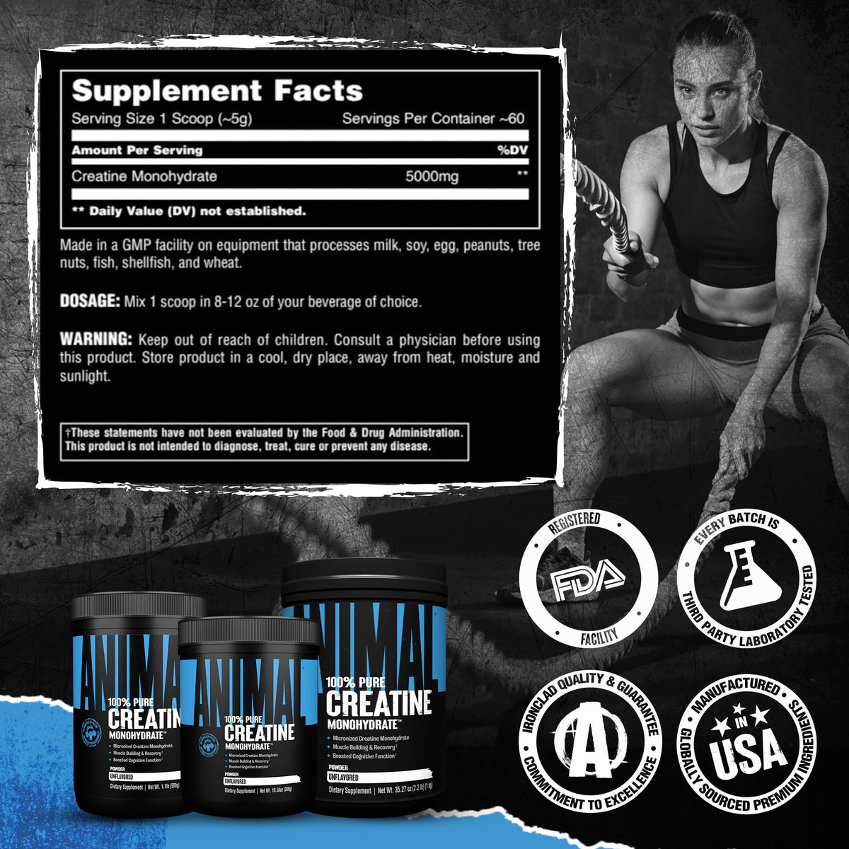 Animal Creatine Monohydrate Powder – Micronized Creatine for Women and Men, Supports Muscle Growth, Strength, Endurance, Recovery and ATP Production, Gym & Workout Supplements - Unflavored, 300g - Maple Wellness Supplements