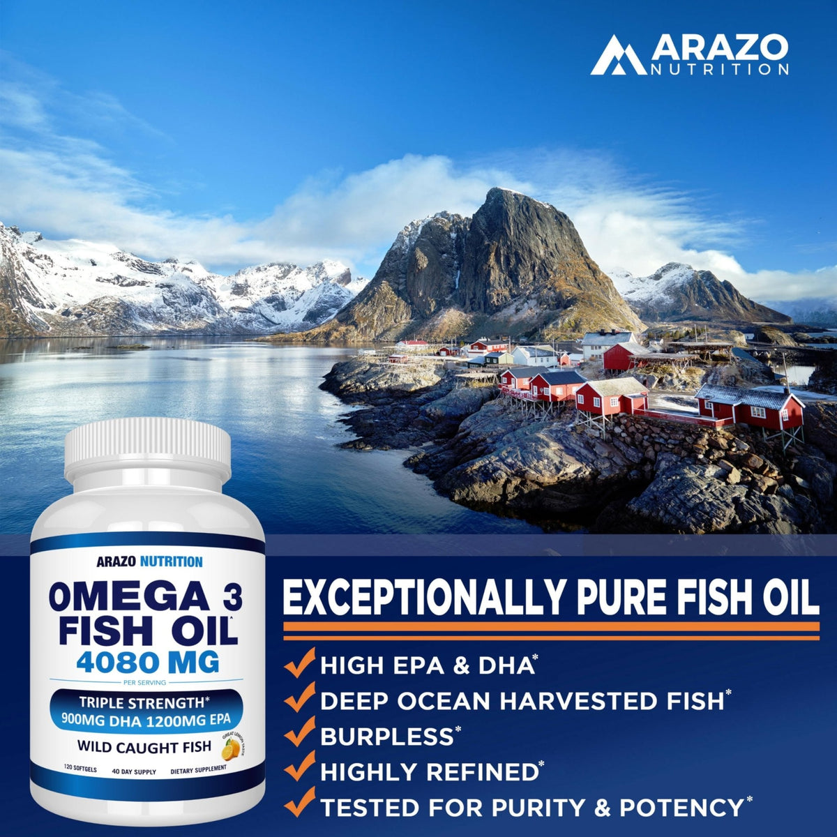 Arazo Nutrition Wild Caught Omega-3 Fish Oil Concentrate – 4,080mg per Serving – High EPA 1200mg & DHA 900mg - Maple Wellness Supplements