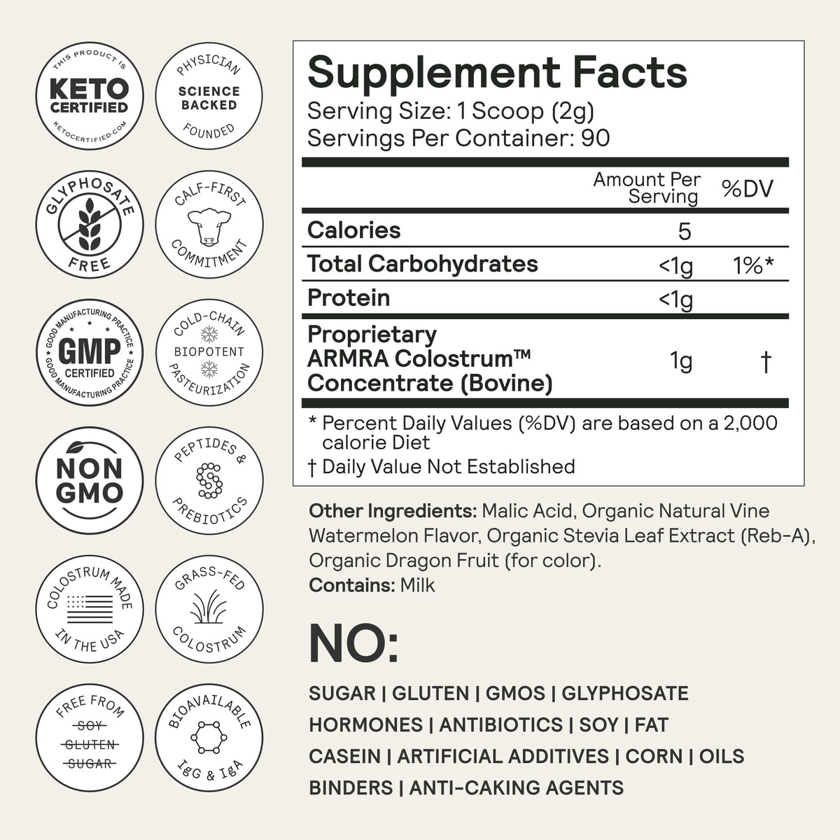 ARMRA Colostrum Powder | Vine Watermelon | Gut Health & Bloating | Skin & Hair | Immunity | Keto, Gluten & Fat-Free | 90 Servings - Maple Wellness Supplements