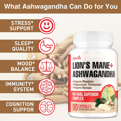 Ashwagandha & Lions Mane Supplements Capsules, Brain Supplements for Memory and Focus, Ashwagandha with Rhodiola Rosea for Cognitive, Immune Support, Cortisol Supplements for Women, 90 Capsules - Maple Wellness Supplements