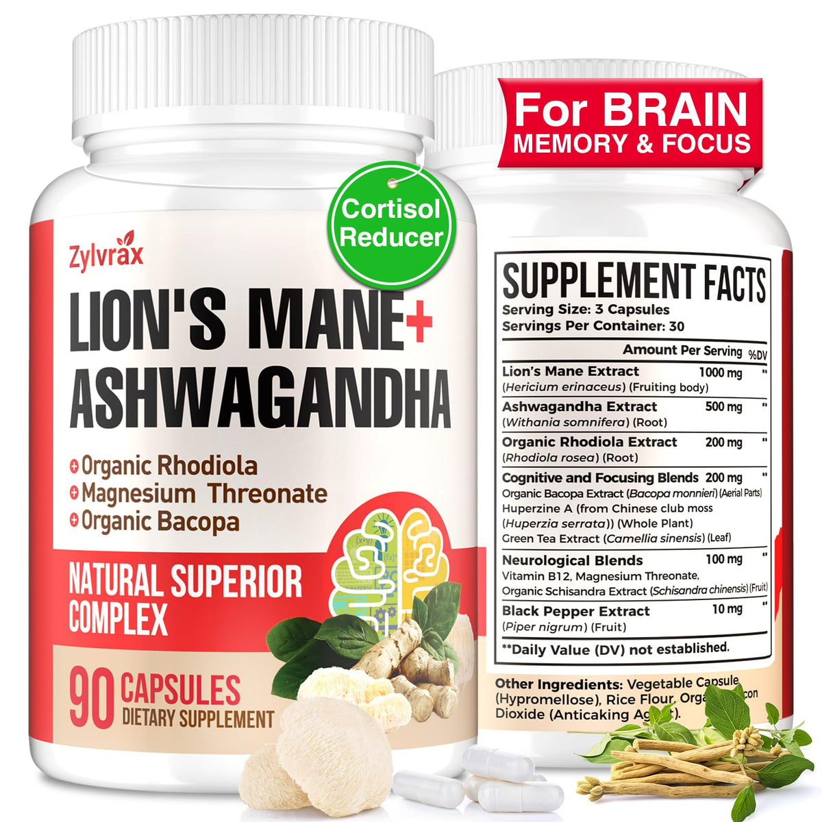 Ashwagandha & Lions Mane Supplements Capsules, Brain Supplements for Memory and Focus, Ashwagandha with Rhodiola Rosea for Cognitive, Immune Support, Cortisol Supplements for Women, 90 Capsules - Maple Wellness Supplements