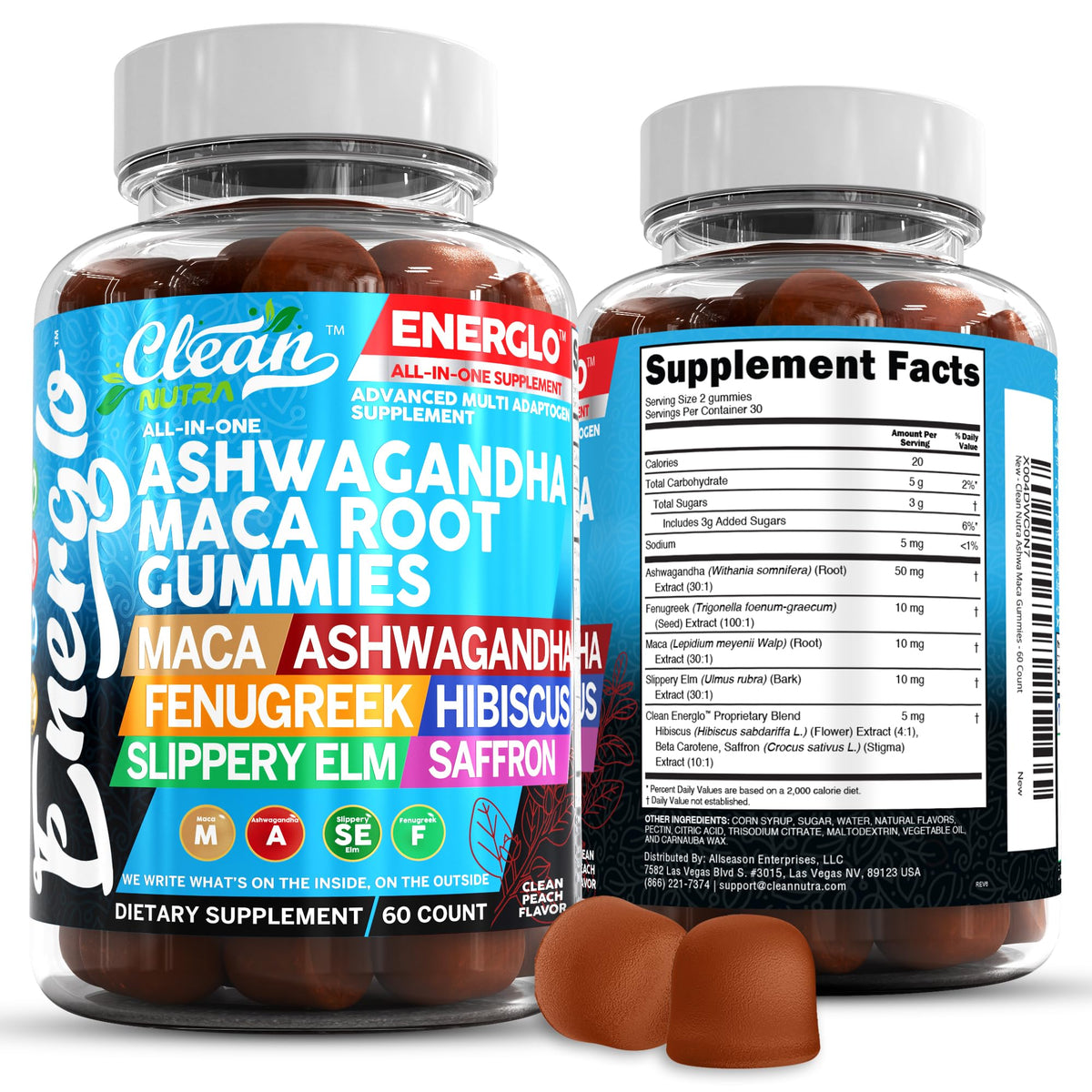 Ashwagandha Maca Root Gummies with Fenugreek Hibiscus Slippery Elm Saffron Extract & Beta Carotene | Peach Flavor Vegan Gummy Vitamins Adaptogen Cortisol Supplement Energlo by Clean Nutra - Maple Wellness Supplements