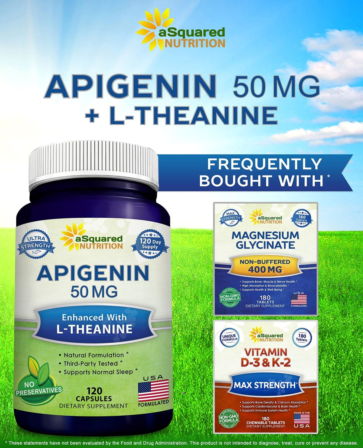 aSquared Nutrition Apigenin 50mg & L-Theanine 200mg - 120 Capsules - Apigenin Supplement Pills for Sleep and Relaxation - Maple Wellness Supplements