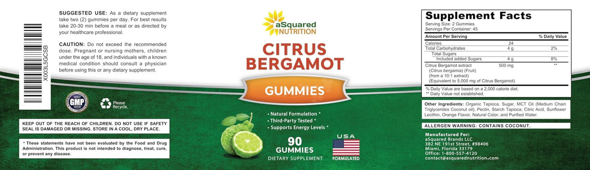 aSquared Nutrition Citrus Bergamot Gummies - Citrus Bergamot Extract Supplement 500mg Per Serving - Pure Gummy Alternative to Capsules & Pills - Maple Wellness Supplements