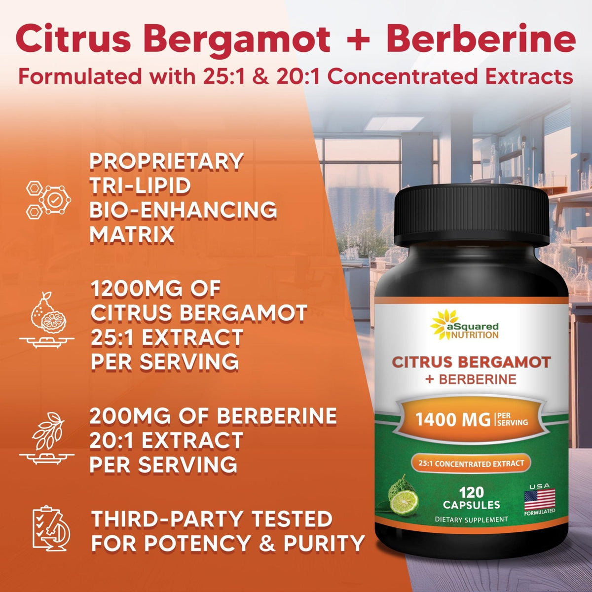 aSquared Nutrition Citrus Bergamot with Berberine Supplement - 1400mg Per Serving Max Strength Complex - 120 Capsules - Supports Cardiovascular Health - Maple Wellness Supplements