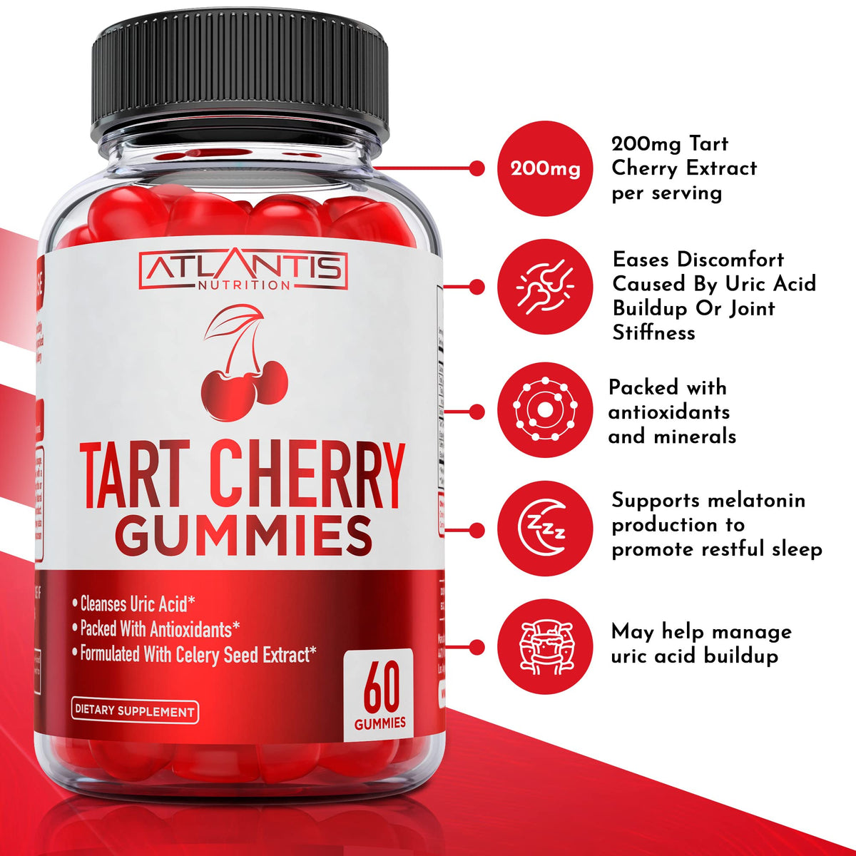 Atlantis Nutrition Tart Cherry Gummies with Celery Seed Extract - Advanced Uric Acid Cleanse for Immediate Relief | Joint Relief & Recovery - Maple Wellness Supplements