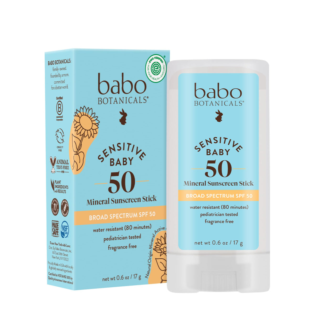 Babo Botanicals Sensitive Baby Mineral Sunscreen Stick SPF 50 - 70% Organic Ingredients - Zinc Oxide - NSF & MADE SAFE and EWG Certified - Maple Wellness Supplements