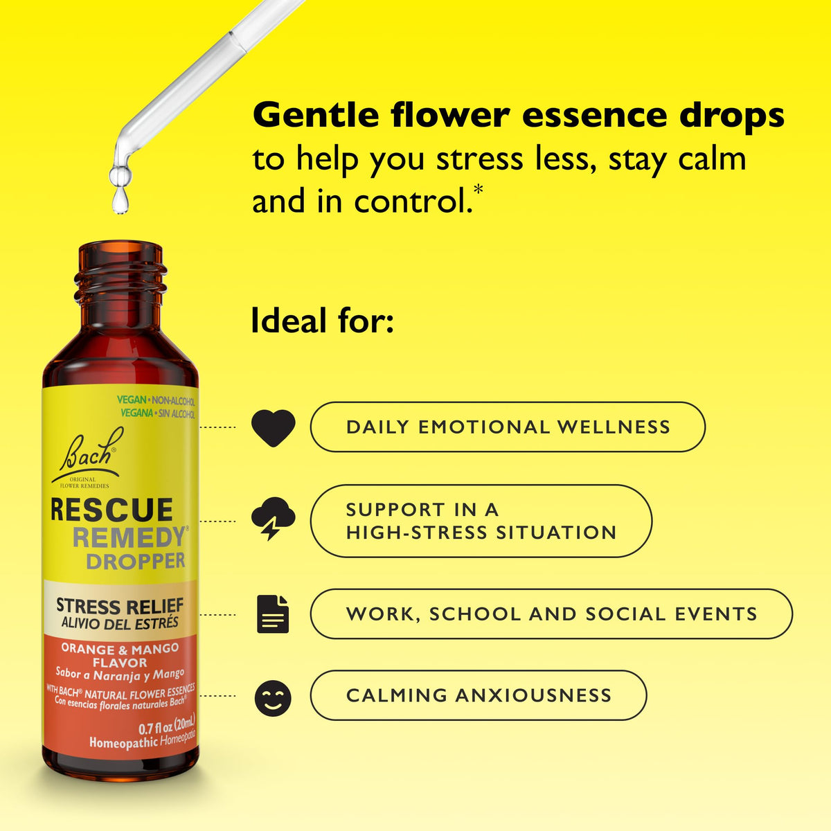 Bach RESCUE Remedy, Orange Mango Flavor, Stress Relief, Homeopathic, Flower Essences, 20mL - Maple Wellness Supplements