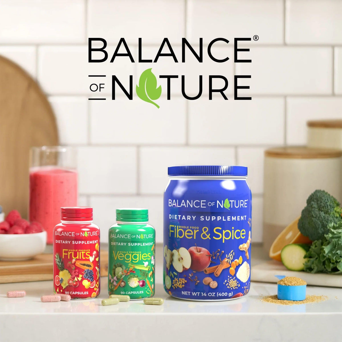 Balance of Nature Fruits & Veggies Supplements - Whole Fruit and Vegetable Ingredients for Women, Men, and Kids - 90 Fruits Capsules, 90 Veggies Capsules - 1 Set - Maple Wellness Supplements