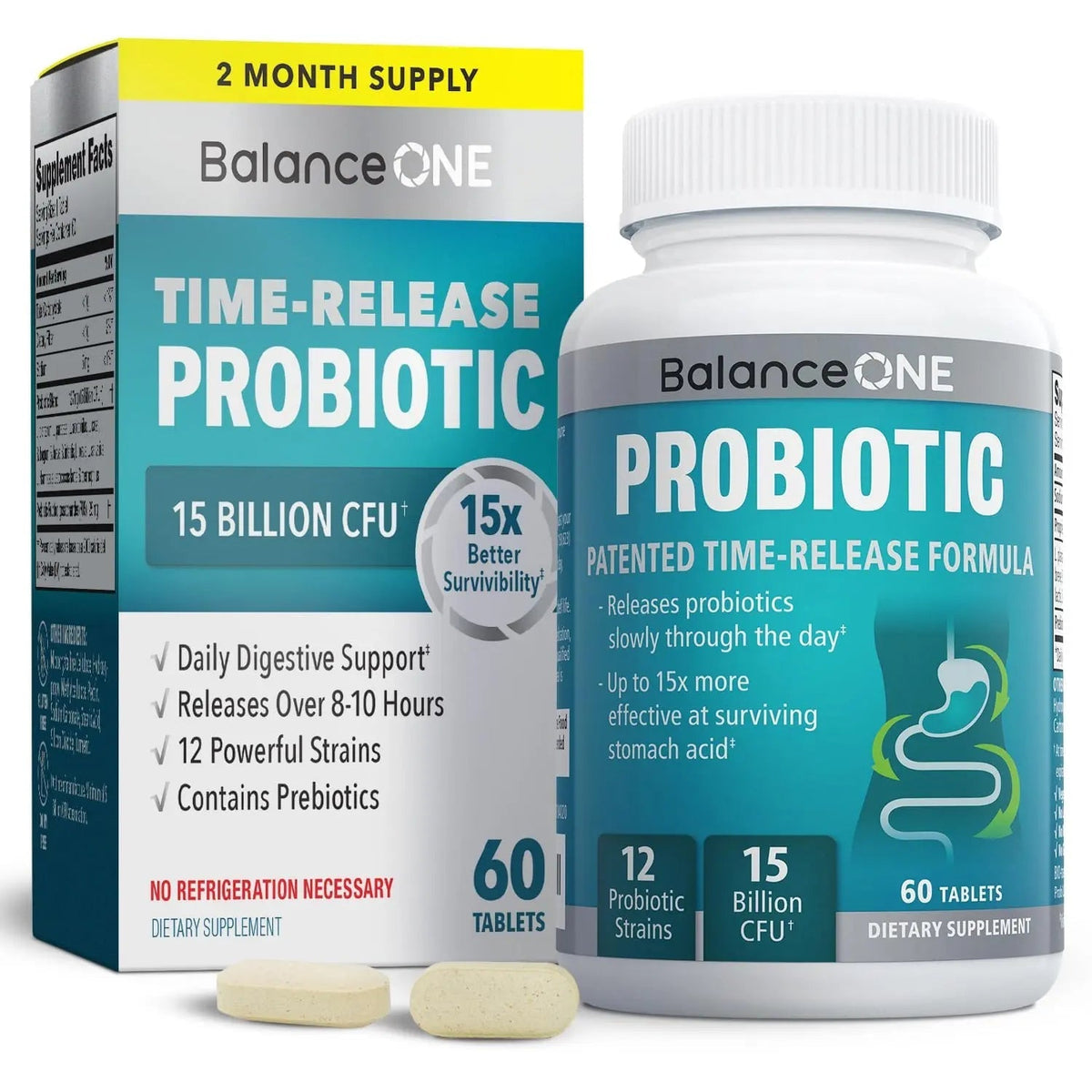 Balance ONE Time Release Probiotic – 15 Billion CFU – 12 Strains Including L. Plantarum – 15x More Survival Than Capsules – Bloating & Gas Relief – Gut & Digestive Health for Women & Men – 60 Tablets - Maple Wellness Supplements