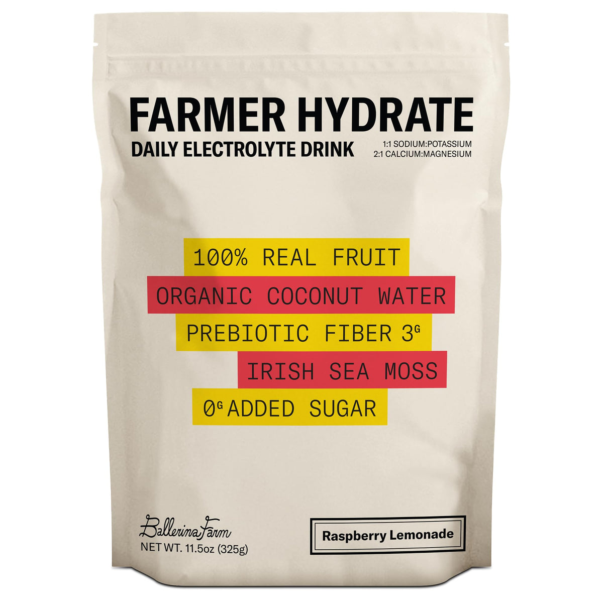 Ballerina Farm Farmer Hydrate, Daily Electrolytes Powder, Raspberry Lemonade, Hydration Drink Mix with Organic Coconut Water, Irish Sea Moss, Sea Salt, Prebiotic Fiber, No Added Sugar, 25 Servings - Maple Wellness Supplements