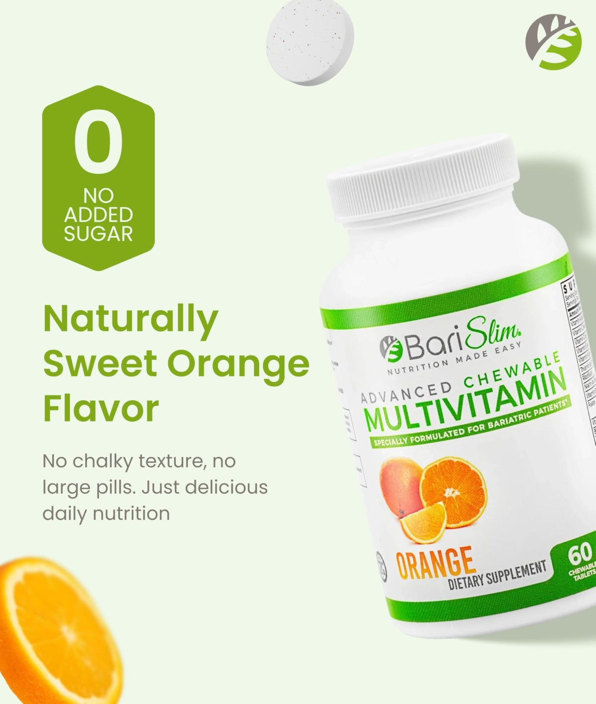 BariSlim Advanced Chewable Bariatric Multivitamin Tablets - Bariatric Vitamin and Supplement for Post Bariatric Surgery Including Gastric Bypass and Gastric Sleeve | Orange (60 Count) - Maple Wellness Supplements