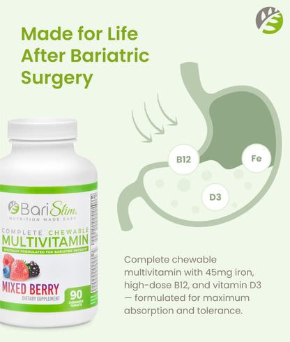 BariSlim Complete Chewable Bariatric Multivitamin Tablets - 45 mg Iron - Bariatric Vitamin & Supplement for Post Bariatric Surgery Including Gastric Bypass & Gastric Sleeve | Mixed Berry | 90 Tablets - Maple Wellness Supplements