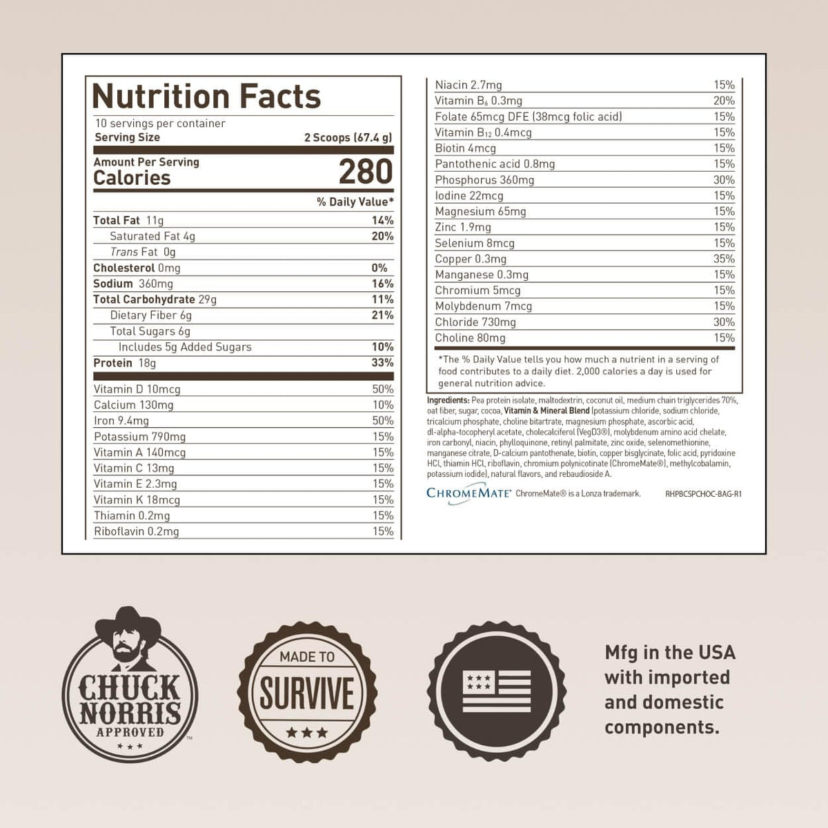 Basecamp Complete Nutrition Shake by Chuck Norris Roundhouse Provisions – Plant-Based Emergency Meal with 18g Protein & 28 Essential Nutrients – Rich Chocolate Flavor – 10 Servings, 3-Year Shelf Life - Maple Wellness Supplements