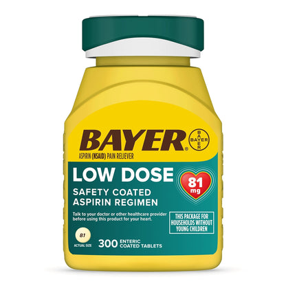 Bayer Aspirin Low Dose 81 mg, Enteric Coated Tablets, Doctor Recommended, Secondary Prevention of Cardiovascular Disease, 300 Safety Coated Tablets (Packaging may vary) - Maple Wellness Supplements