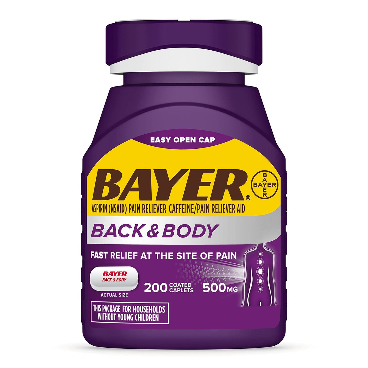 Bayer Back & Body 500mg Aspirin Plus Caffeine for Powerful Pain Relief, 200 Coated Caplets - Maple Wellness Supplements