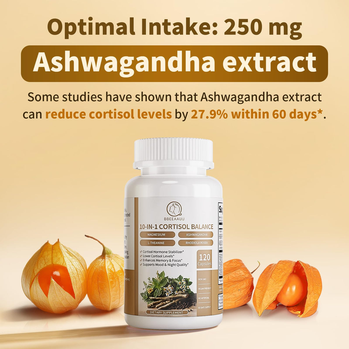 BBEEAAUU Cortisol Supplements for Women & Men - 10-in-1 Cortisol Reducer Manager Detox with Ashwagandha, Magnesium - Lower High Cortisol Levels, Relaxation & Night Support, Non-GMO, 120 Capsules - Maple Wellness Supplements
