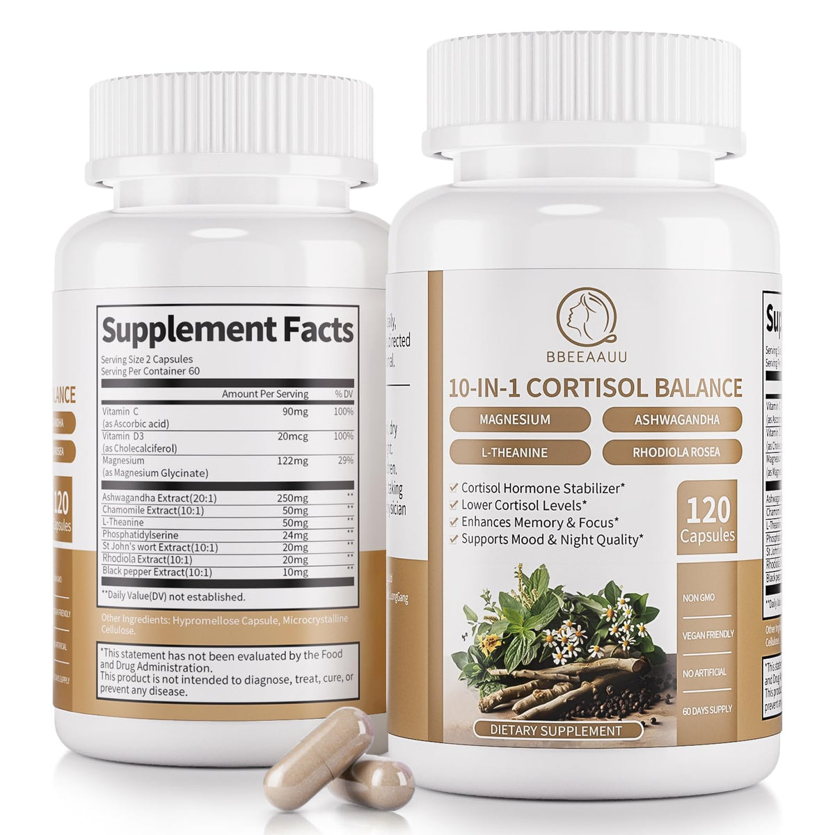 BBEEAAUU Cortisol Supplements for Women & Men - 10-in-1 Cortisol Reducer Manager Detox with Ashwagandha, Magnesium - Lower High Cortisol Levels, Relaxation & Night Support, Non-GMO, 120 Capsules - Maple Wellness Supplements