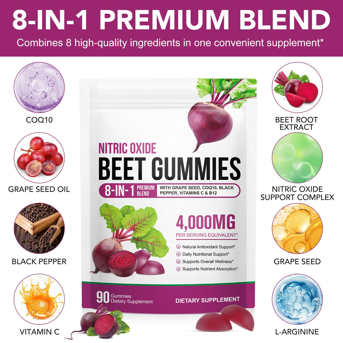 Beet Root Gummies Enriched with 200mg CoQ10 & Beet Root Extract for Blood Pressure, Heart Health Support, Energy Level Suport, Promoting Nitric Oxide - Maple Wellness Supplements