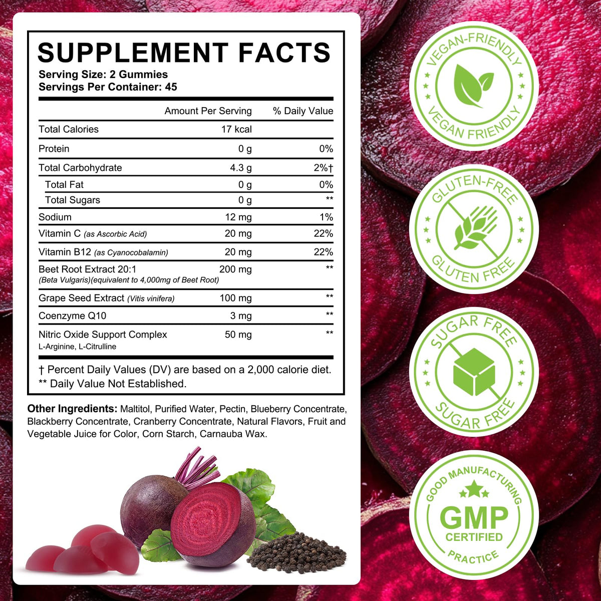 Beet Root Gummies Enriched with 200mg CoQ10 & Beet Root Extract for Blood Pressure, Heart Health Support, Energy Level Suport, Promoting Nitric Oxide - Maple Wellness Supplements