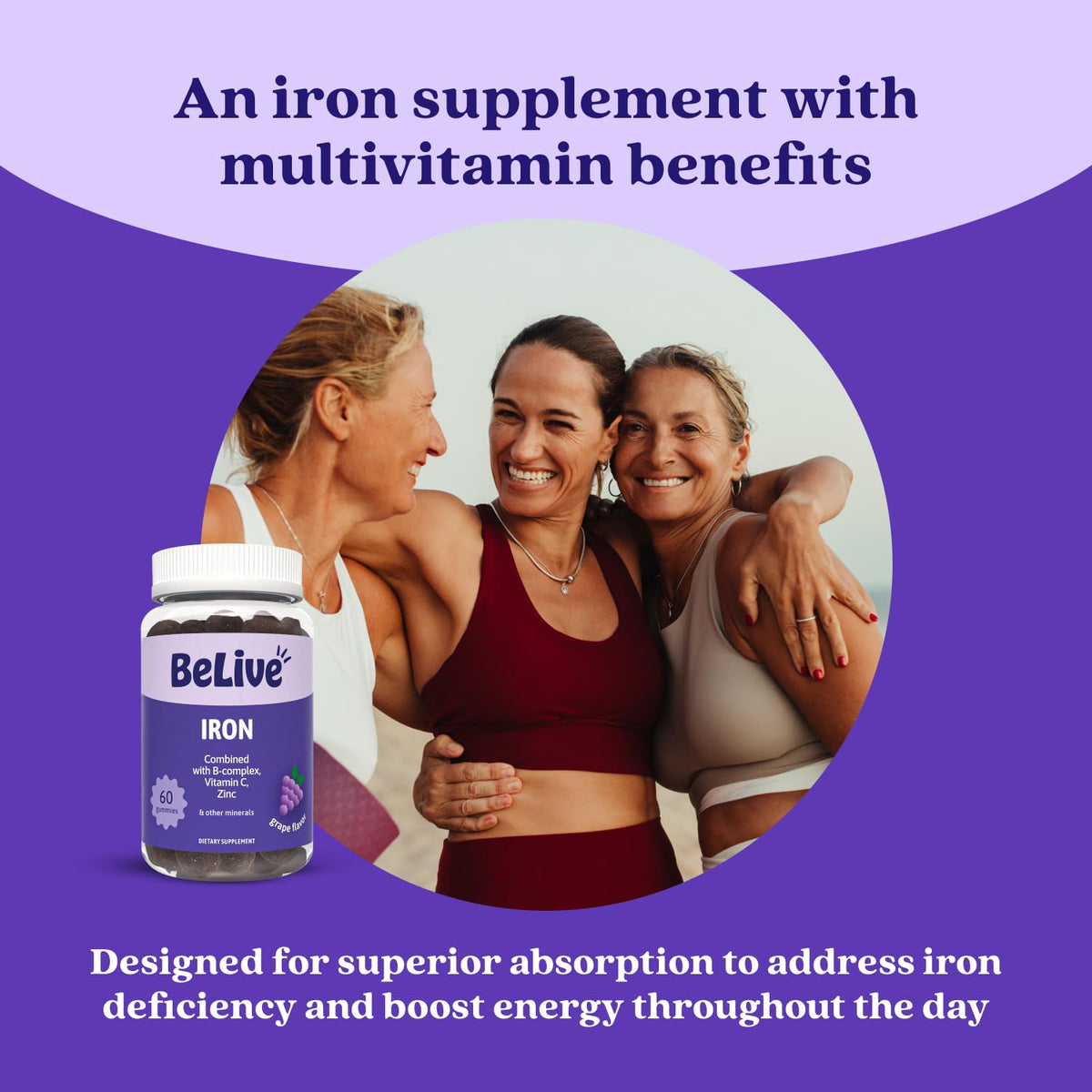 BeLive Iron Gummies - Multivitamin Supplement with Vitamin C, A, B & Zinc, Supports Blood Oxygen, Vegan Iron Supplements for Women, Men & Kids - Maple Wellness Supplements