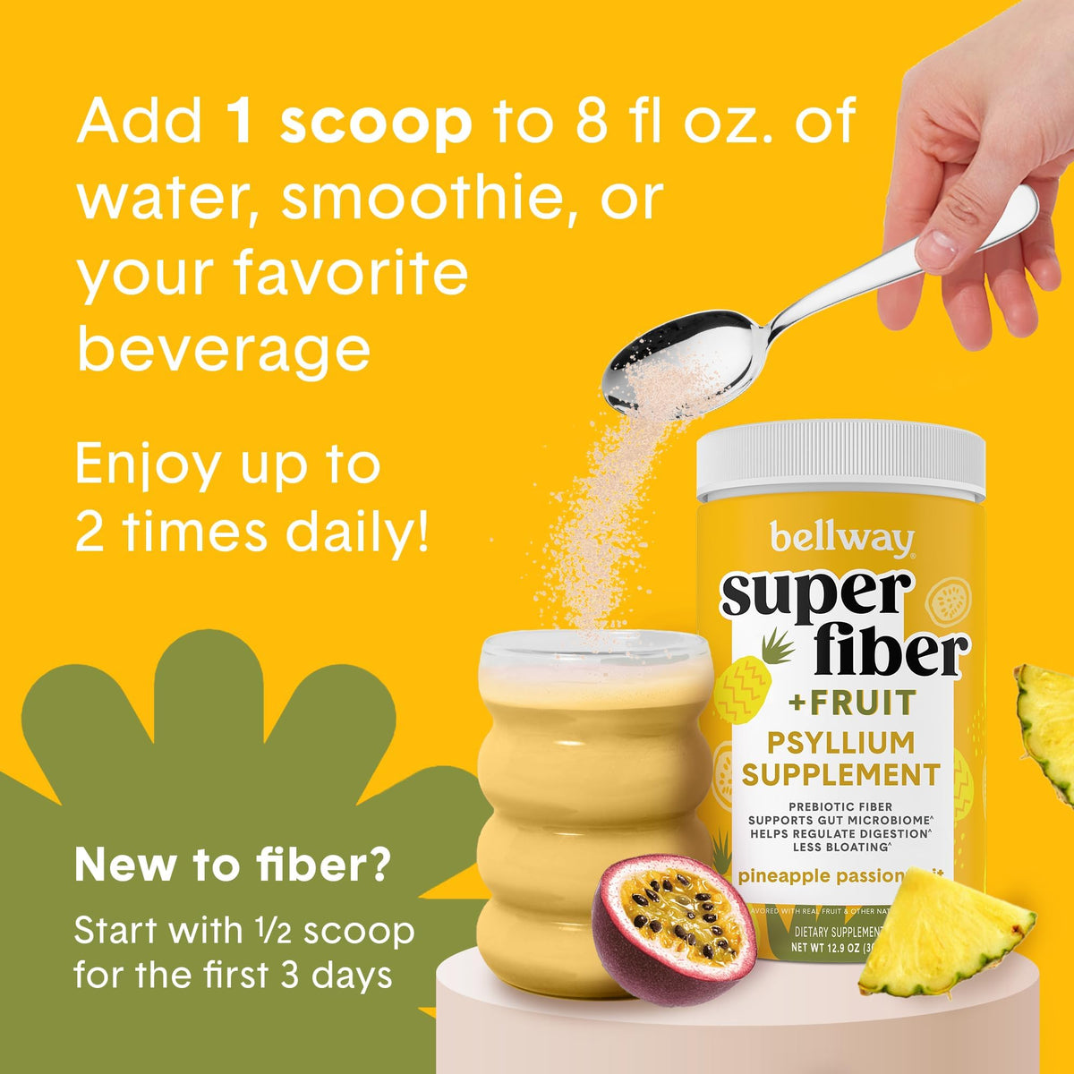 Bellway Super Fiber Powder + Fruit, Sugar Free Organic Psyllium Husk Powder Fiber Supplement for Regularity, Bloating Relief & Digestive Health, Plant-Based, - Maple Wellness Supplements