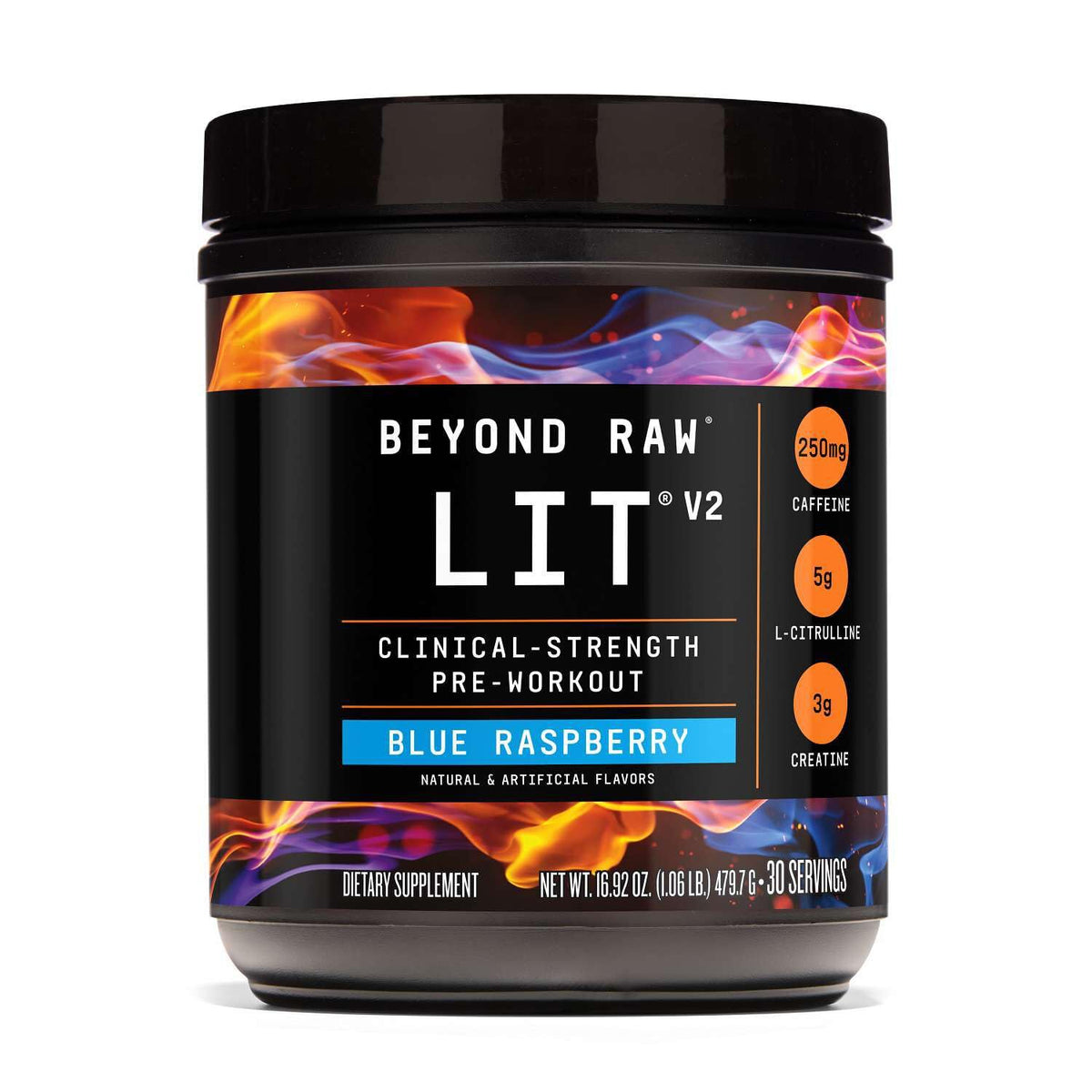 BEYOND RAW LIT V2 Clinical Strength Pre Workout Powder, Hits Harder, Bigger Pumps, Caffeine, L-Citrulline, Creatine, Blue Raspberry, 30 Servings - Maple Wellness Supplements