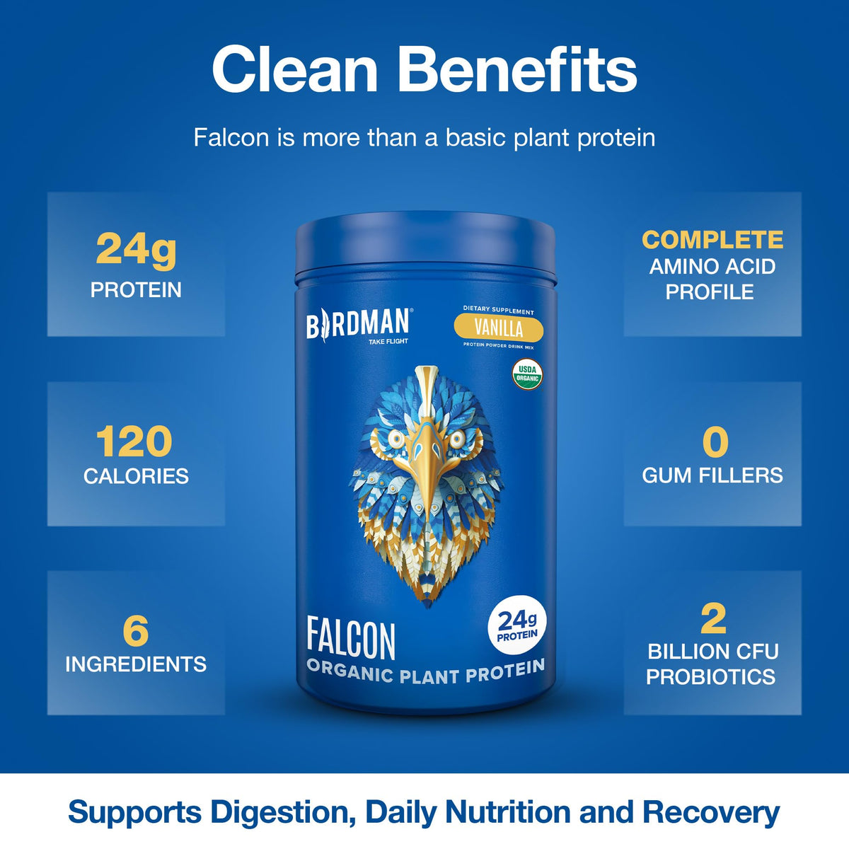 BIRDMAN Falcon Organic Vegan Protein Powder Vanilla, 24g Protein, Sugar Free, Probiotics, Low Carb, Keto Friendly, Dairy Free, Lactose Free, Non Whey - Maple Wellness Supplements
