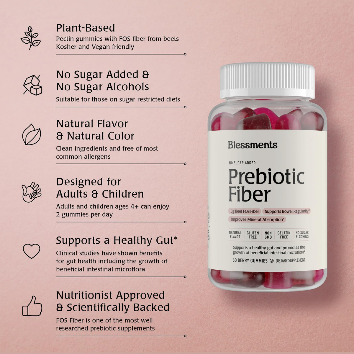 Blessments - Prebiotic Fiber Gummies for Adults & Kids with No Added Sugar- 5g (60 Count-2 Pack) High Fiber Supplement Gummies - Vegan - Keto Friendly - Maple Wellness Supplements