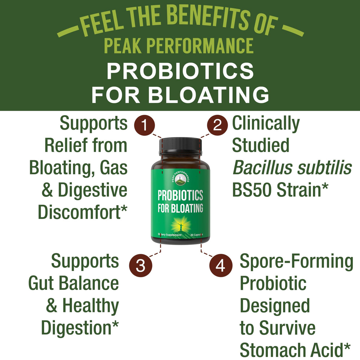 Bloat and Gas Probiotic - Proven Relief with Clinically Studied Bacillus Subtilis BS50 + Prebiotic Fiber - Fast Acting Anti Bloating Pills Supplement - Maple Wellness Supplements