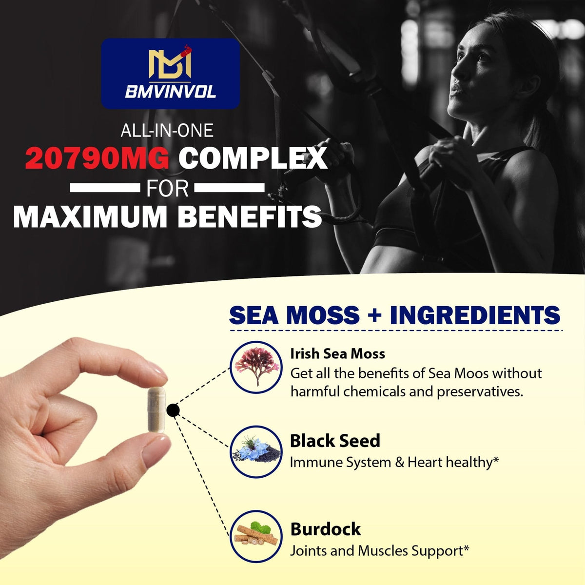 BMVINVOL 100 Capsules - Sea Moss Capsules 20790mg with Bladderwrack, Burdock - Maple Wellness Supplements