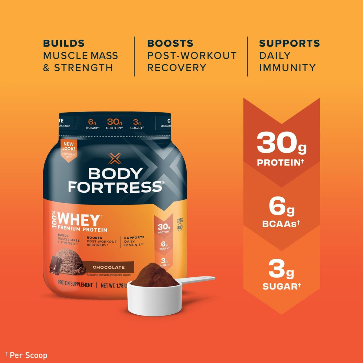 Body Fortress 100% Whey, Premium Protein Powder, Chocolate, 1.78lbs, Packaging May - Maple Wellness Supplements