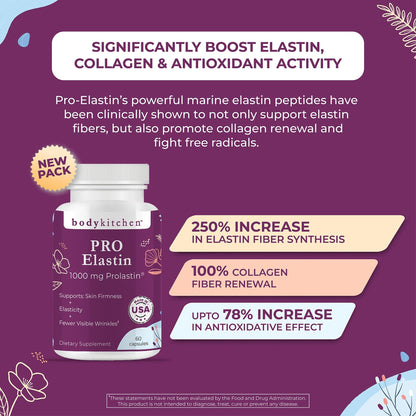 Body Kitchen Pro-Elastin, 1000 mg Elastin Supplement, Help Reduce Signs of Aging, Improved Skin Health, Firmness & Elasticity, Fewer Wrinkles, Veggie Caps, (Pack of 2) - Maple Wellness Supplements