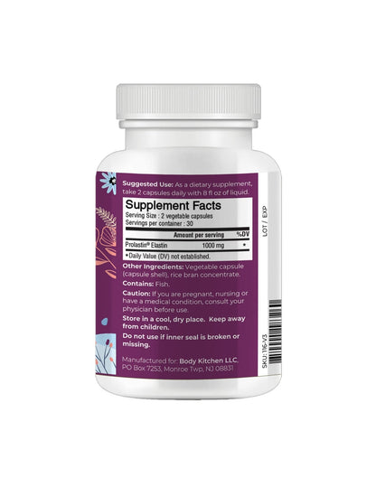Body Kitchen Pro-Elastin, 1000 mg Elastin Supplement, Help Reduce Signs of Aging, Improved Skin Health, Firmness & Elasticity, Fewer Wrinkles, Veggie Caps, (Pack of 2) - Maple Wellness Supplements