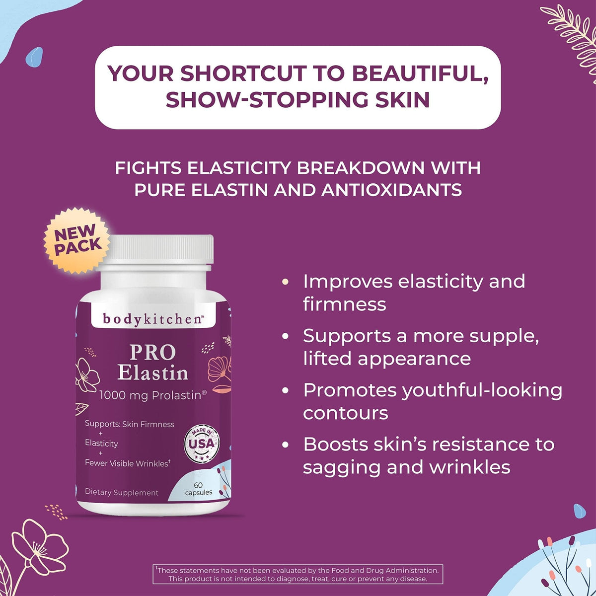 Body Kitchen Pro-Elastin 1000 mg Elastin Supplement, Reduce Signs of Aging, Improved Skin Health, Firmness & Elasticity, Fewer Wrinkles, Veggie Caps (Pack of 3) - Maple Wellness Supplements