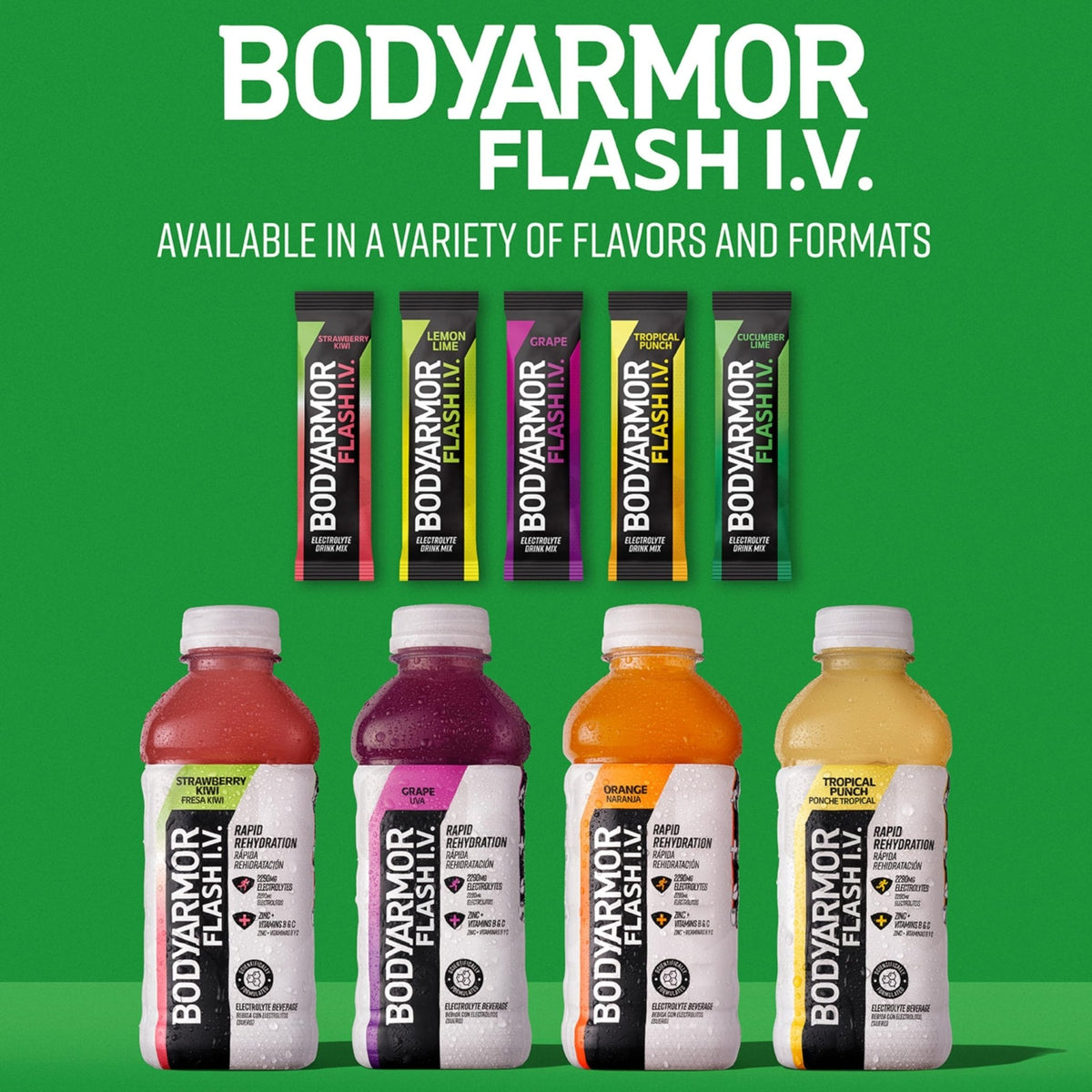 BODYARMOR Flash IV Electrolyte Packets, Strawberry Kiwi - Zero Sugar Drink Mix, Single Serve Packs, Coconut Water Powder (15 Count) - Maple Wellness Supplements