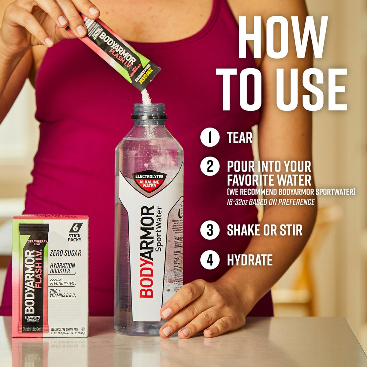 BODYARMOR Flash IV Electrolyte Packets, Strawberry Kiwi - Zero Sugar Drink Mix, Single Serve Packs, Coconut Water Powder (15 Count) - Maple Wellness Supplements