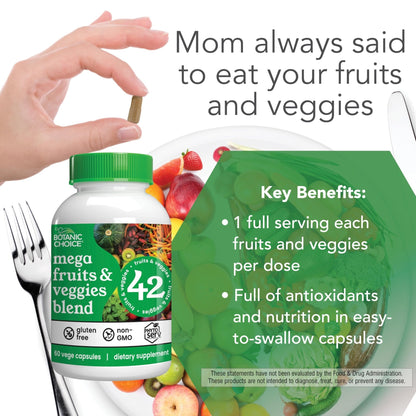 Botanic Choice Since 1910 - Mega Fruits & Veggies Blend - 42 Fruits and Vegetables - 2 Caps Daily - 60 Count Supplement - Maple Wellness Supplements
