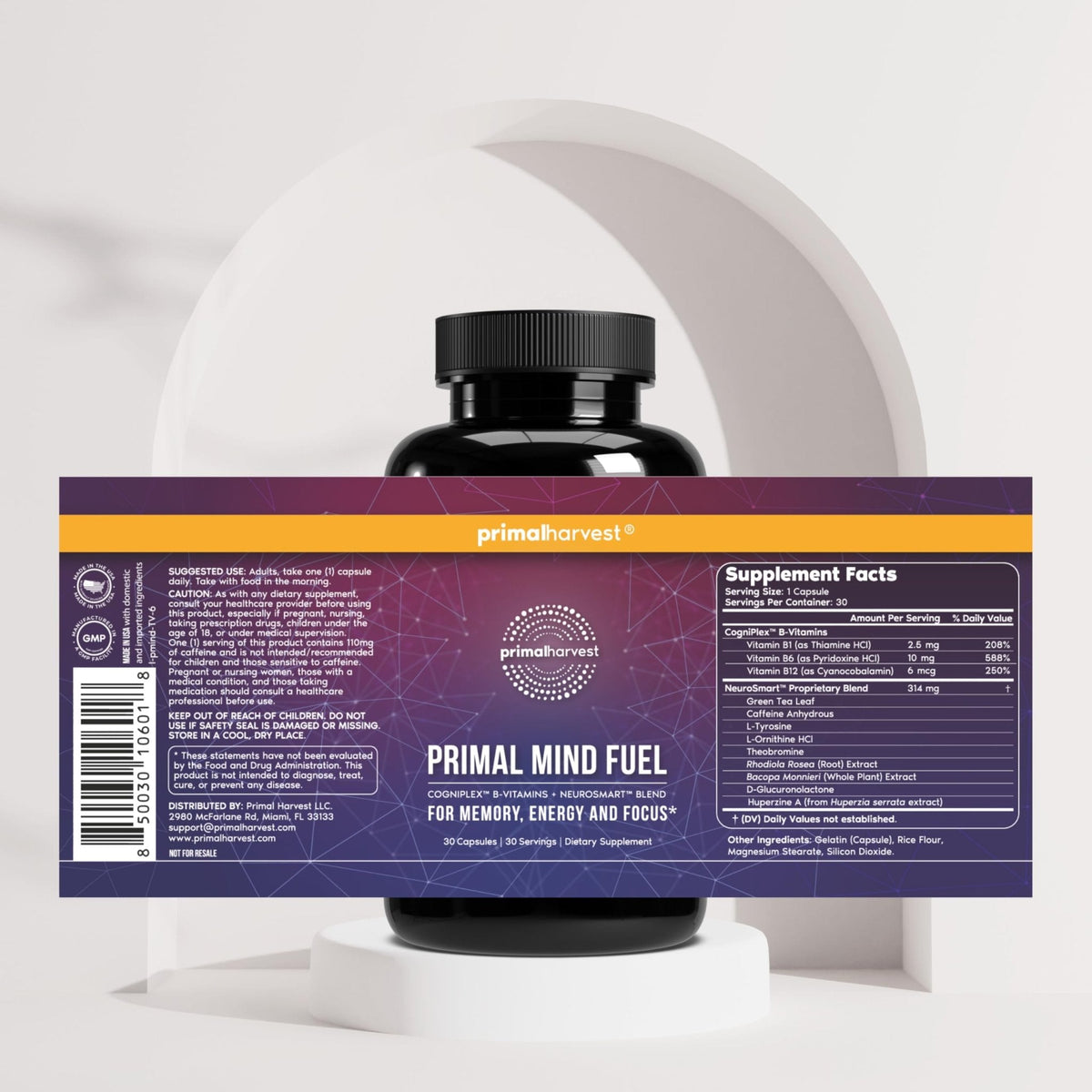 Brain Supplement by Primal Harvest, Primal Mind Fuel Brain Booster for Focus, Energy, Clarity, and Brain Health 30 Capsules - Maple Wellness Supplements